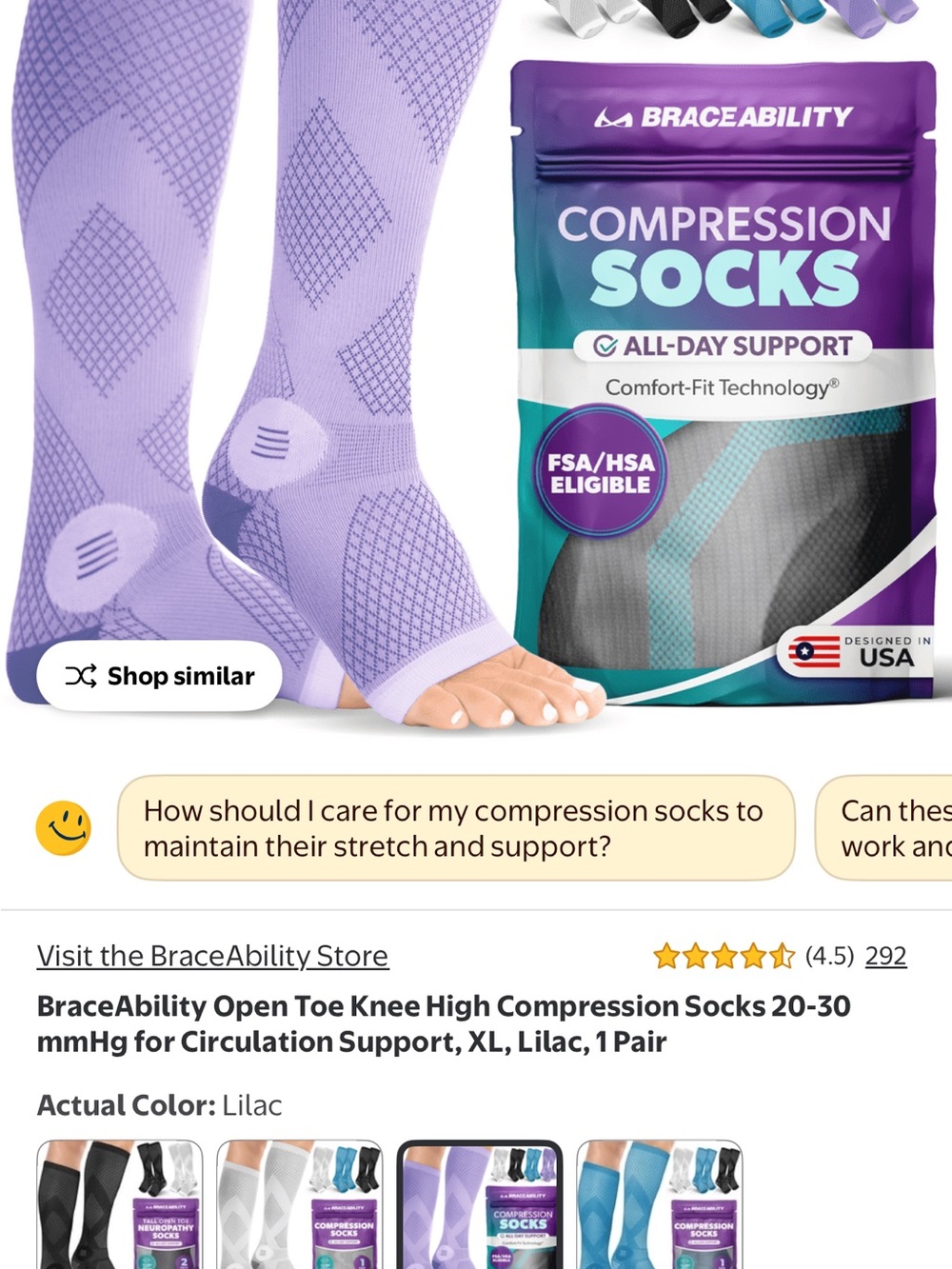 Womens Lilac. Brace  Ability  toeless Compression Socks. L/XL. 20-30 comp. New!